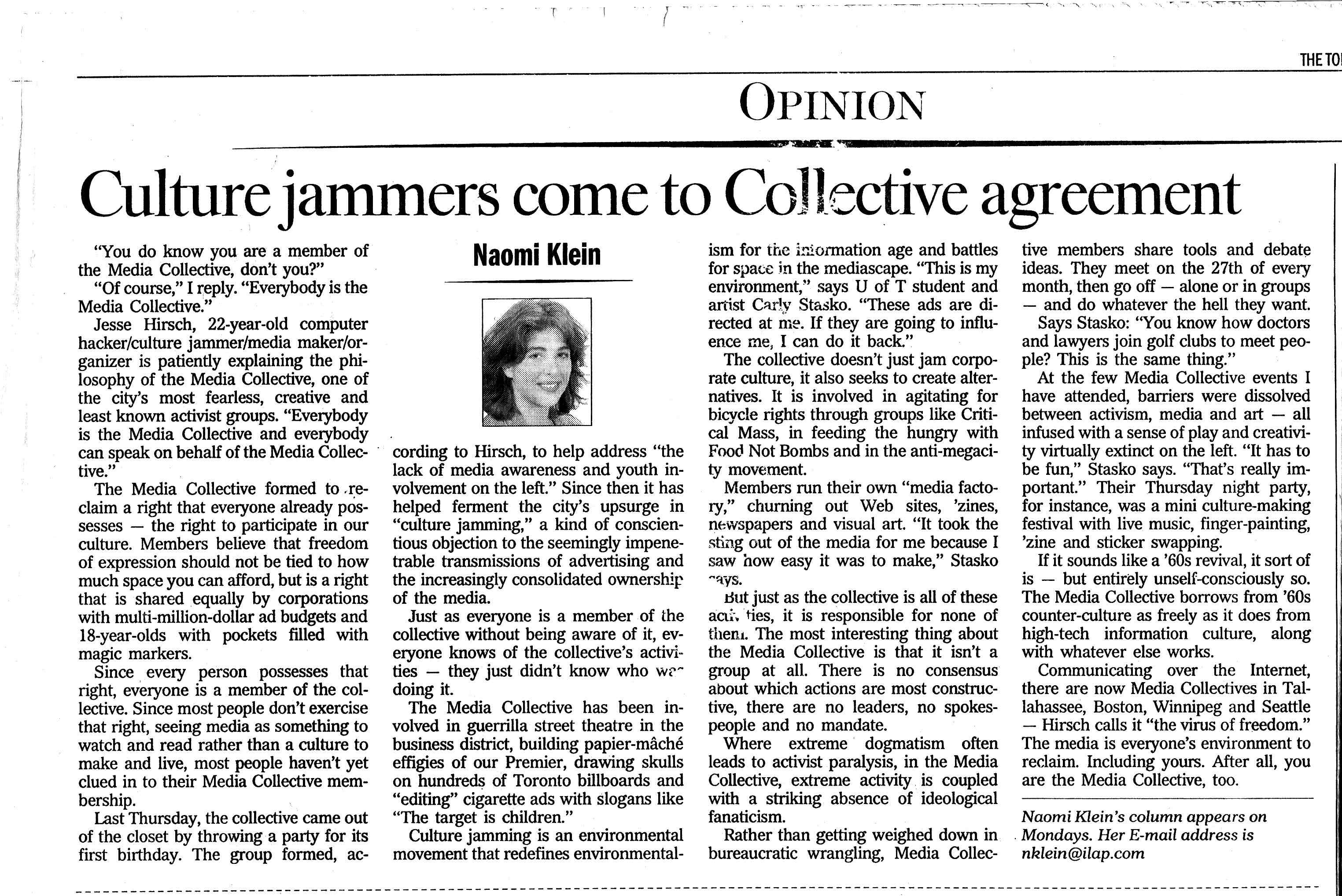 “Culture jammers come to Collective agreement” in The Toronto Star